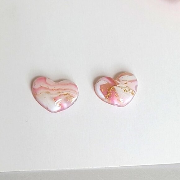 Boho Girly Dainty Mini Pink White Gold Agate Puffy Heart Studs Earrings - Picture 8 of 9